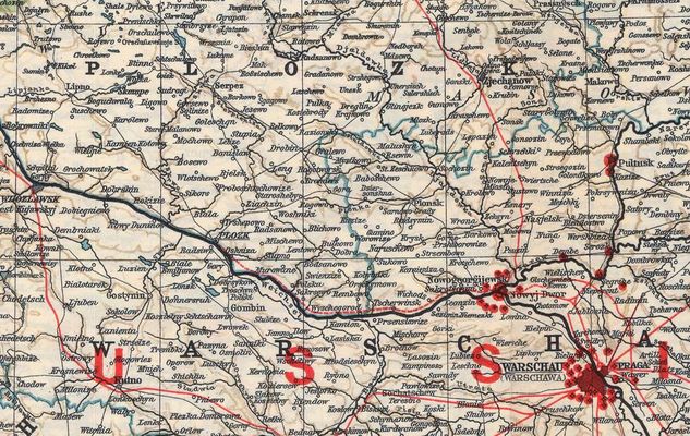 ziemia płocka na niemieckiej mapie z czasów I Wojny Światowej
co oznacza czerwona przerywana linia z Płocka do twierdzy Modlin (Nowogeogijewska) ?
