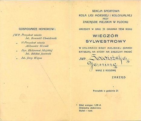 zaproszenie - wejściówka
na Wieczór Sylwestrowy  1934-1935r.
