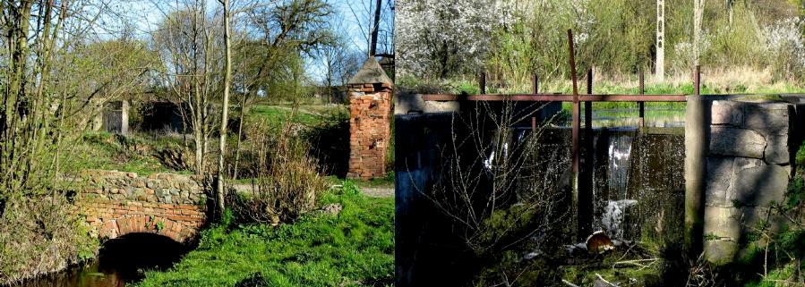 resztki osady młyńskiej na rzece Mołtawie w Bodzanowie
po lewej wjazd, po prawej urządzenie piętrzące wodę
drewniany budynek młyna, mocno nadgryziony zębem czasu, niedawno się spalił
