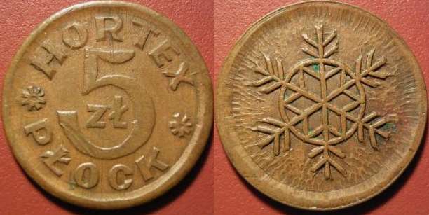 kupiecki żeton płatniczy płockiego Hortexu
Służył on do rozliczenia między kasą a punktem sprzedaży lodów. Wykonany z brązu o nominale 5zł.
