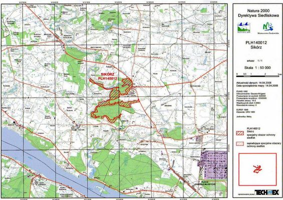 "Sikórz". Obszar obejmuje 12-kilometrowy, malowniczy odcinek rzeki Skrwy Prawej, nadbrzeżne zbiorowiska łęgowe i grądowe.
Liczne pomnikowe drzewa oraz stanowiska roślin chronionych. Stwierdzono tutaj występowanie 6 gatunków zwierząt z załącznika Dyrektywy Rady 92/43/EWG oraz 363 roślin naczyniowych i 34 gatunki mchów.
Słowa kluczowe: mapa Skrwa Prawa obszar Natura 2000