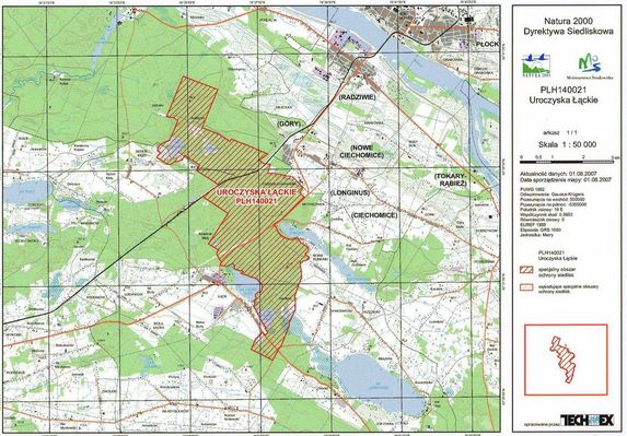 "Uroczyska Łąckie". Kompleks lasów, bagien i wód we wschodniej części Gostyńsko-Włocławskiego Parku Krajobrazowego, 5 rezerwatów przyrody.
Osobliwość florystyczna - to reintrodukowane stanowisko aldrowandy pęcherzykowatej w Jeziorku Małym (blisko Jeziora Sendeńskiego). Występuje tu 6 typów siedlisk wymienionych w Załączniku I Dyrektywy Siedliskowej, 2 gatunki płazów z Załącznika II Dyrektywy Siedliskowej.
Słowa kluczowe: mapa Uroczysko Łąckie Natura 2000
