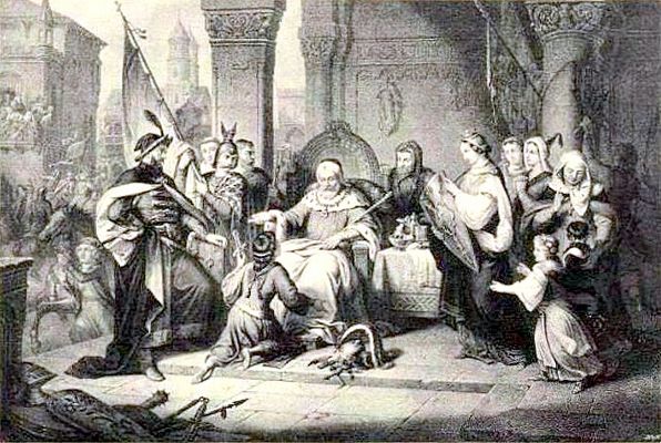 Władysław Herman i Bolesław III Krzywousty w grafice Lessera 1909r.
Bolesław prosi ojca o pozwolenie wyruszenia z wojewodą Sieciechem na wojnę przeciw Morawianom
Słowa kluczowe: Władysław Herman i Bolesław III Krzywousty grafika Lesser